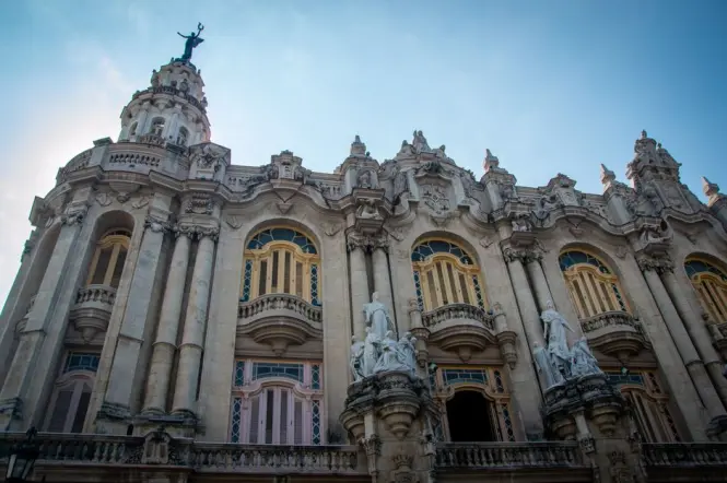 Exterior facade of Teatro Colón opera house near the Obelisk of Buenos Aires