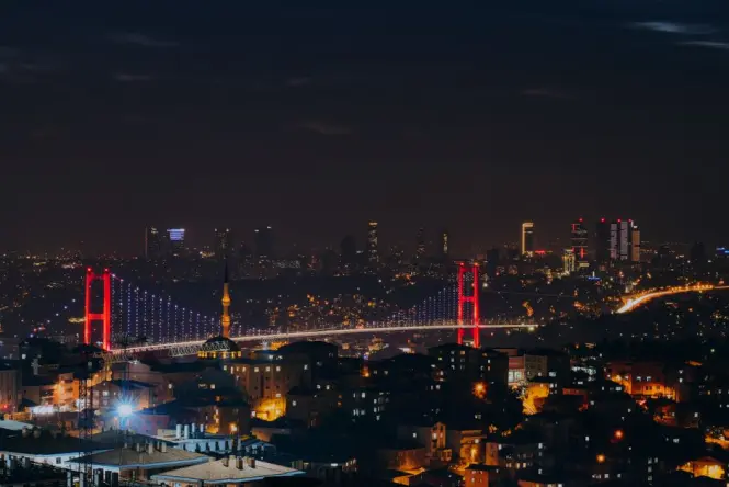 Bosphorus Bridge lit up at night behind Ortaköy Mosque