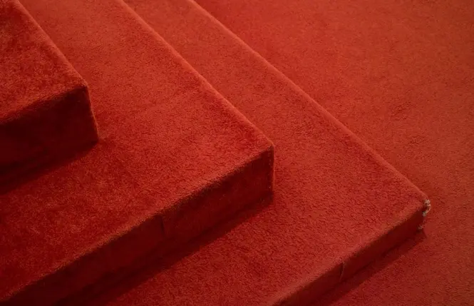 Empty red carpet steps at the Palais des Festivals early in the morning