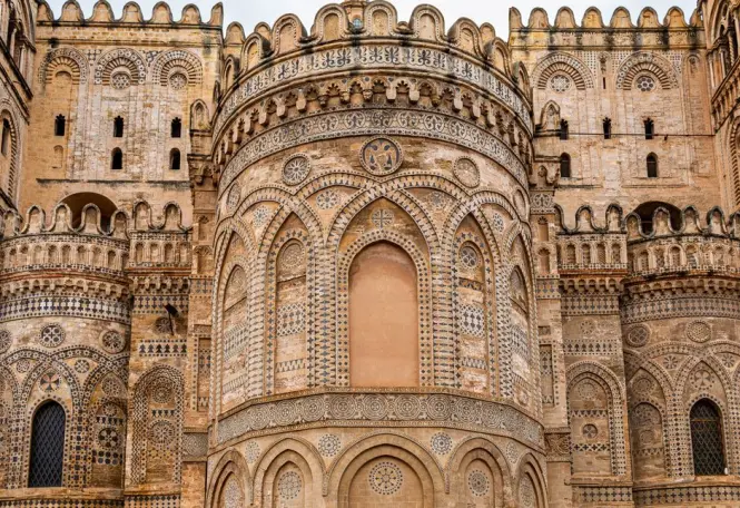 Catalan-Gothic portals and detailed arches of Palermo Cathedral