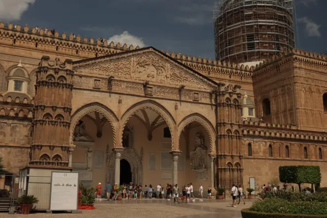Visitors queueing inside Palermo Cathedral near the ticket desk