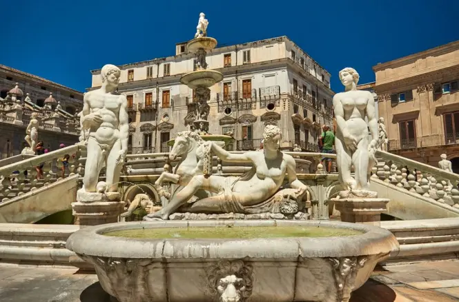 Close-up of the marble statue details on the Fountain of Shame in Piazza Pretoria