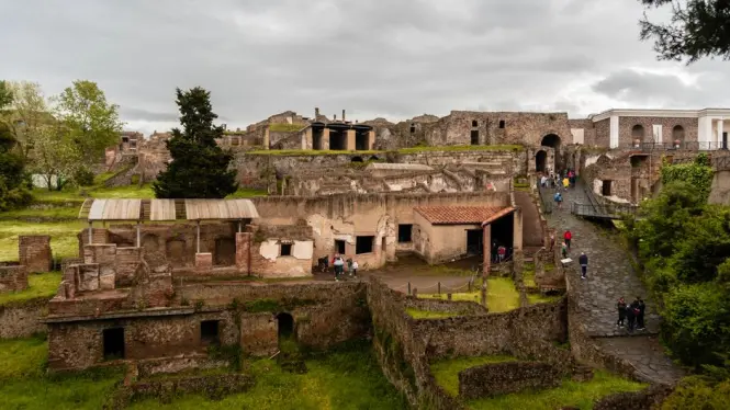Plaster casts of volcanic victims displayed inside Pompeii
