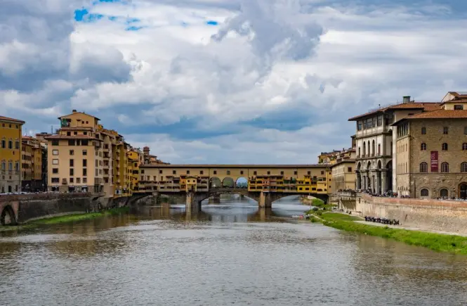 Historic gold jewelry shop window display on the Ponte Vecchio in Florence