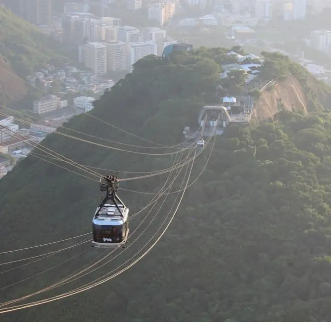 Cable car ascending Sugarloaf Mountain from the Praia Vermelha base station