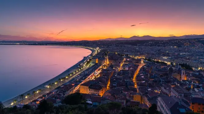 Sunset light over the Baie des Anges in Nice
