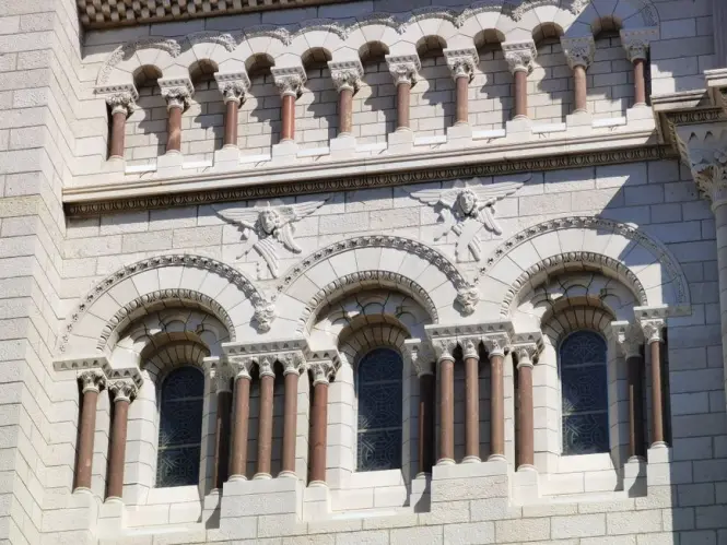 Romanesque revival sandstone arches on the Queen Victoria Building facade