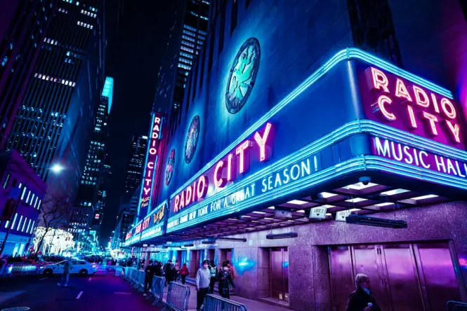Radio City Music Hall marquee at night