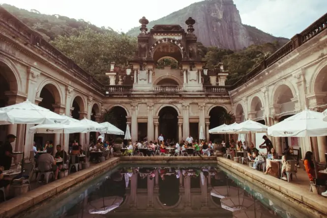 Restored ruins and terrace at Parque das Ruínas overlooking Rio de Janeiro