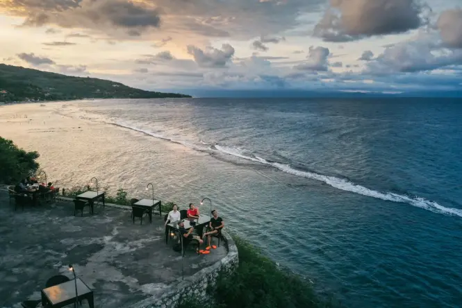 Beachfront cafe seating near the Sanur Beach promenade