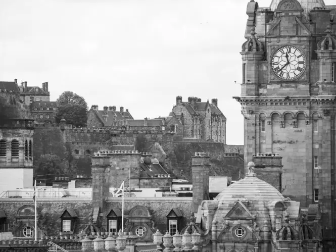 View toward Edinburgh Castle as seen from the top gallery of Scott Monument