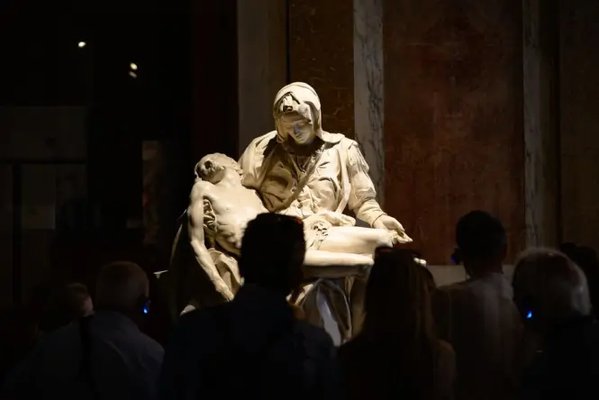 Michelangelo's unfinished Rondanini Pieta sculpture inside Sforza Castle