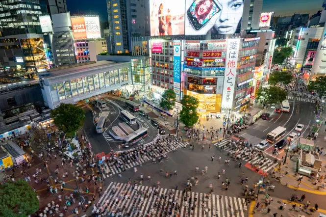 Aerial view toward Shibuya Scramble Crossing from above