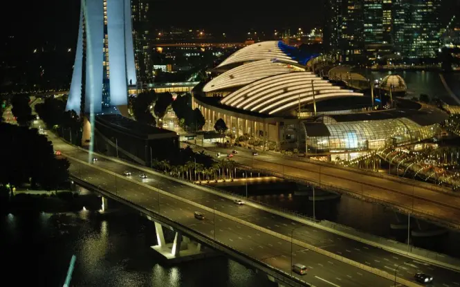 Aerial view of Marina Bay Sands and the Helix Bridge from above