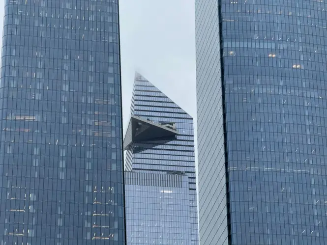 Glass-floored viewing box high above a city street