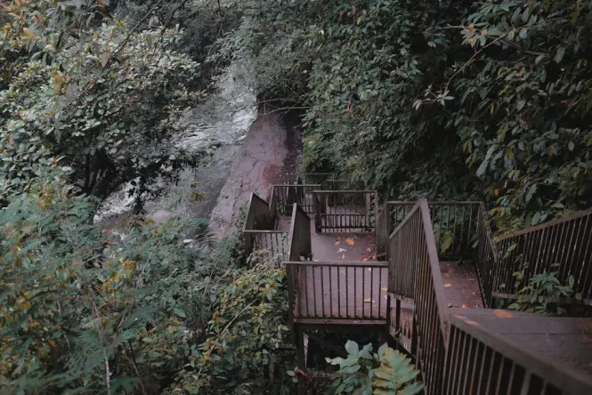 Concrete staircase descending toward a Bali waterfall