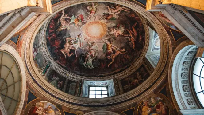 The complex geometric dark marble dome of the Chapel of the Holy Shroud designed by Guarino Guarini.
