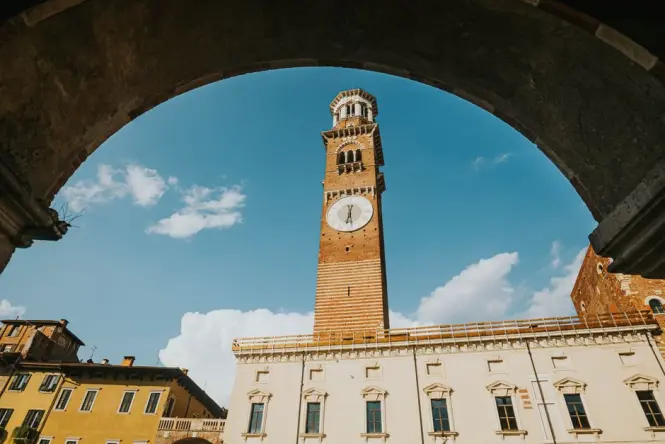 Panoramic view of Bologna from the Clock Tower overlooking Piazza Maggiore