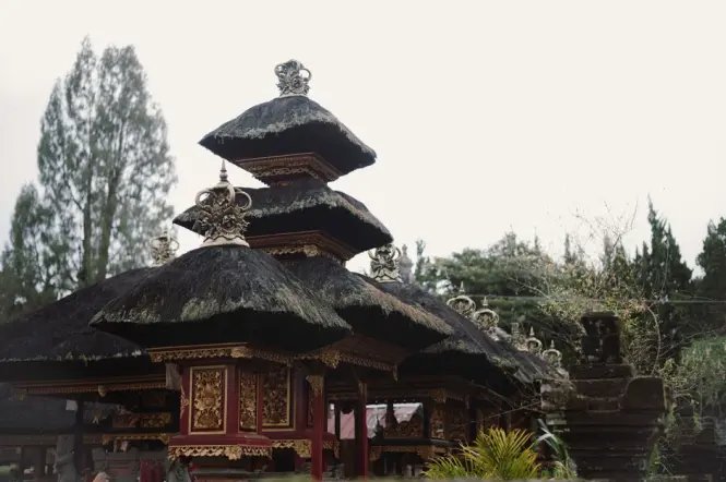 Close view of the eleven-tier meru shrine dedicated to Dewi Danu inside Ulun Danu Beratan Temple complex