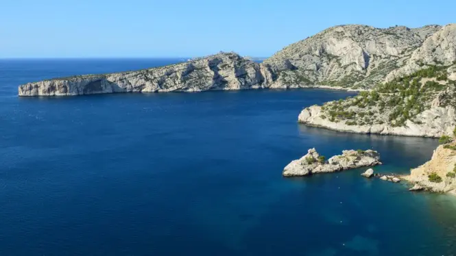 Coastal walking path along cliffs near Marseille with the Mediterranean Sea