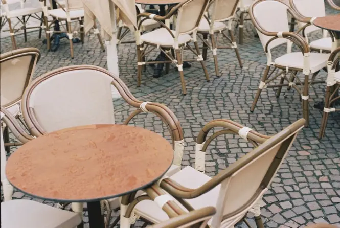 Outdoor cafe terrace seating overlooking Volksgarten's rose beds