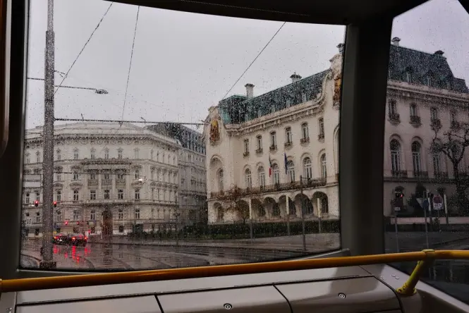 Tram passing along the Ringstrasse near Volksgarten's entrance gate