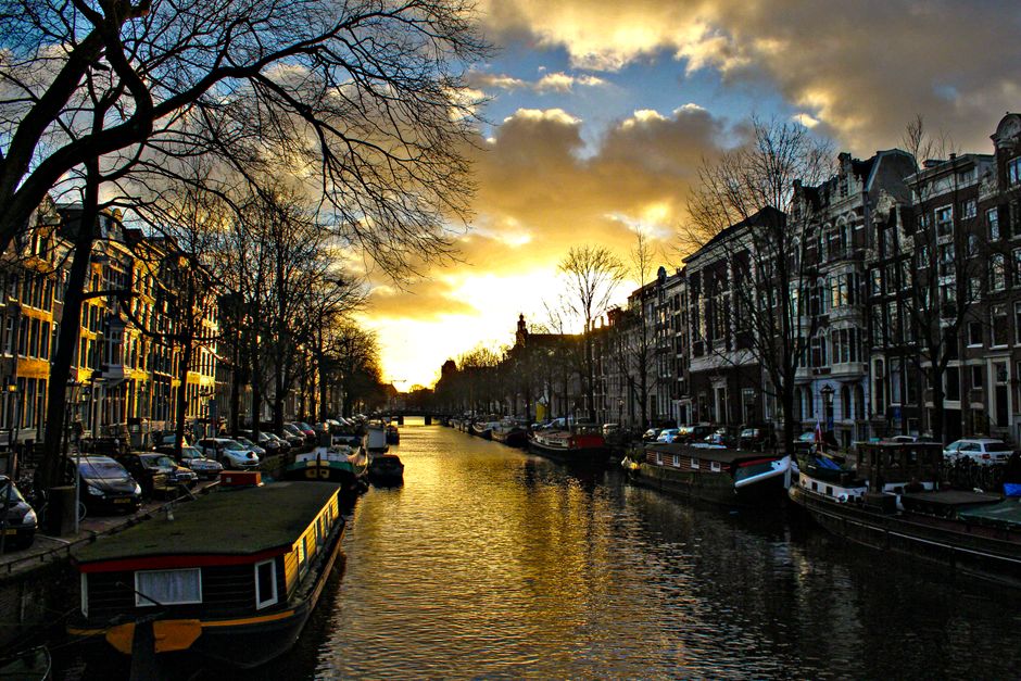 Canal houses at dawn in Amsterdam