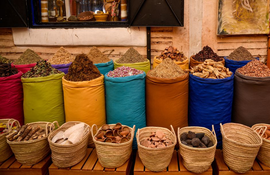 Spice and craft stalls in Marrakech souks