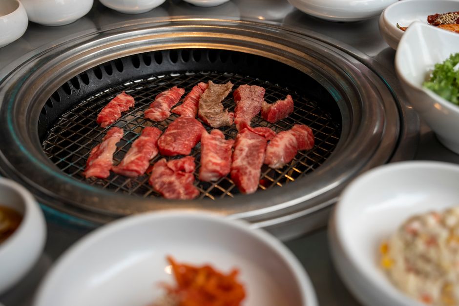 Korean barbecue table setting in Seoul