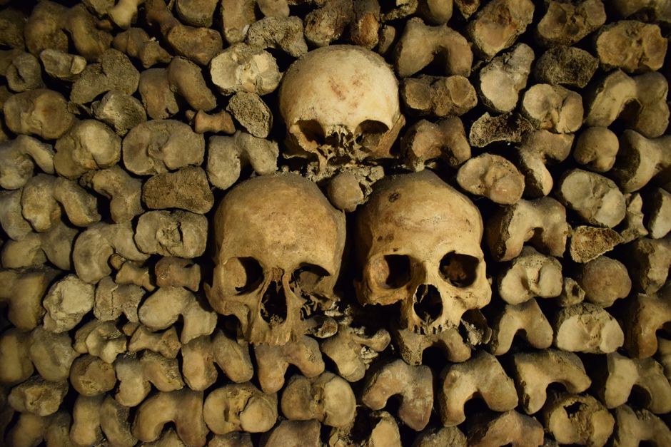 Arranged bones along the Paris Catacombs ossuary walls